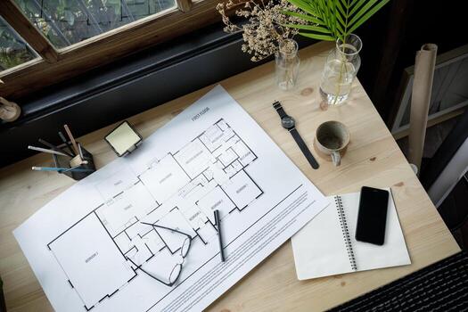 Architectural plans and workspace